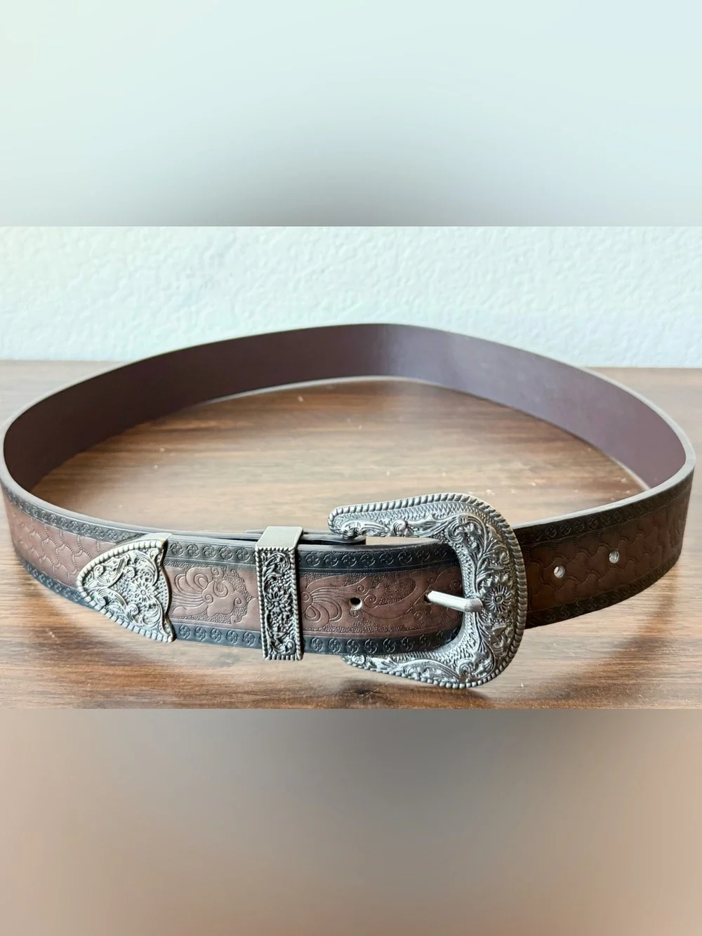 Embossed Brown Leather Western Belt with Ornate Silver Buckle Tooled M